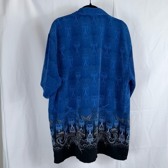 Vintage Korean Oriental Styled 2 Tone Dragon Flames Button Up Short Sleeve Top - Picture 8 of 11